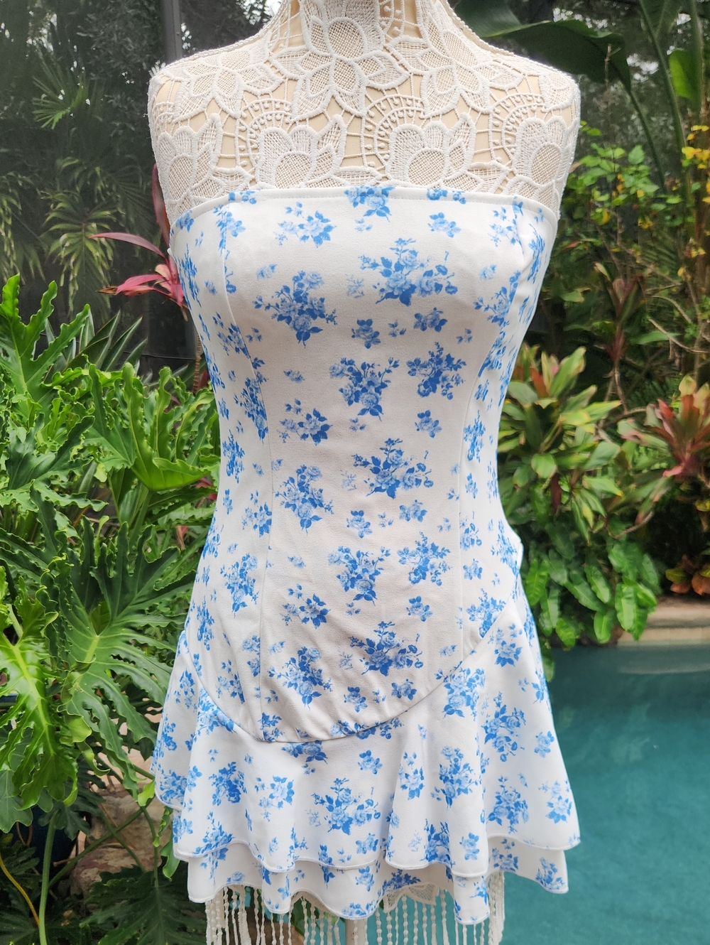 White and Blue Floral Strapless Dress